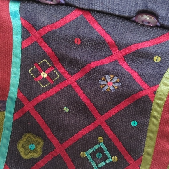 Vtg 90s patchwork Boho embellished Sage/ Fuschia/ button front boxy jacket sz M - Picture 11 of 13